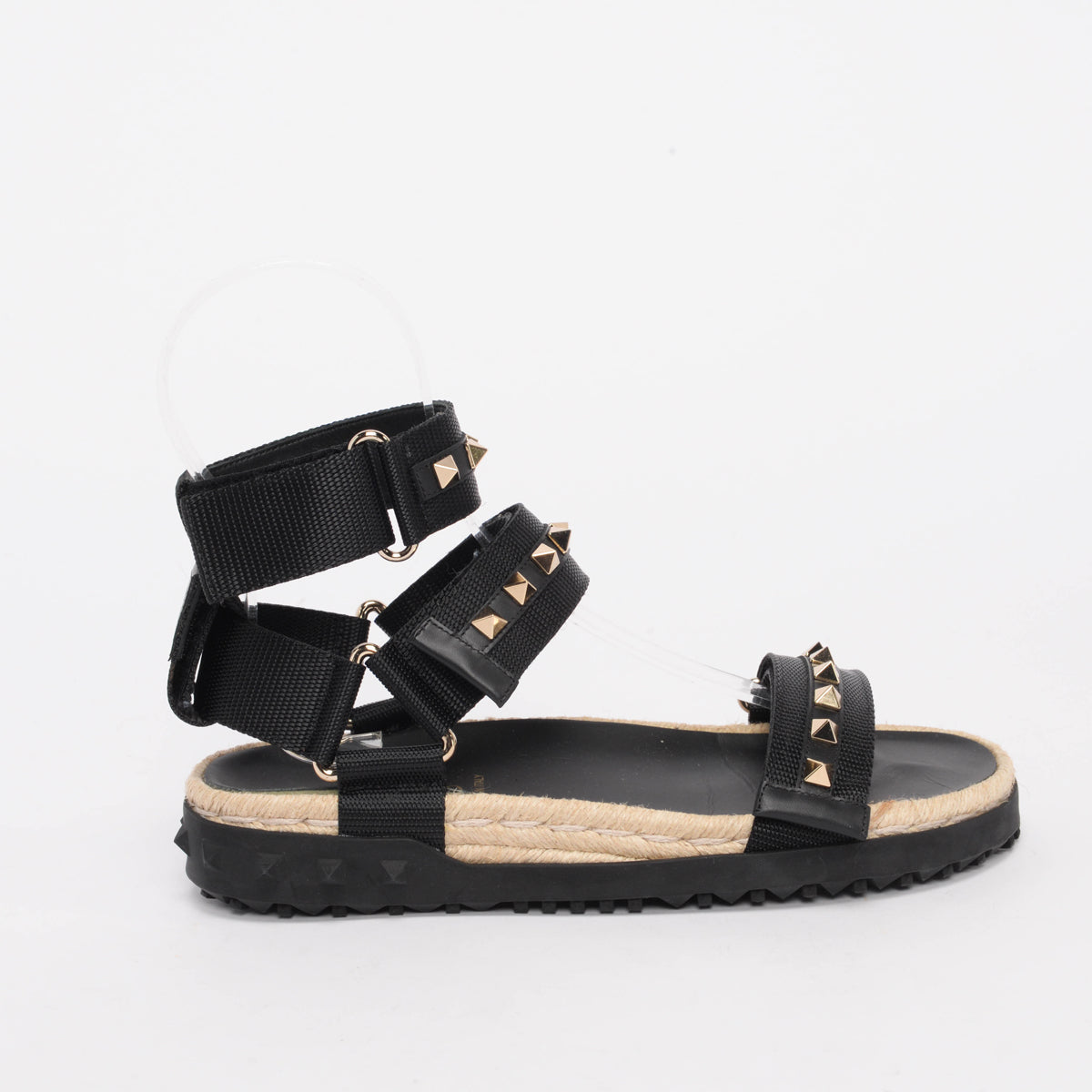 Valentino Black Nylon Rockstud Espadrille Sandals 36