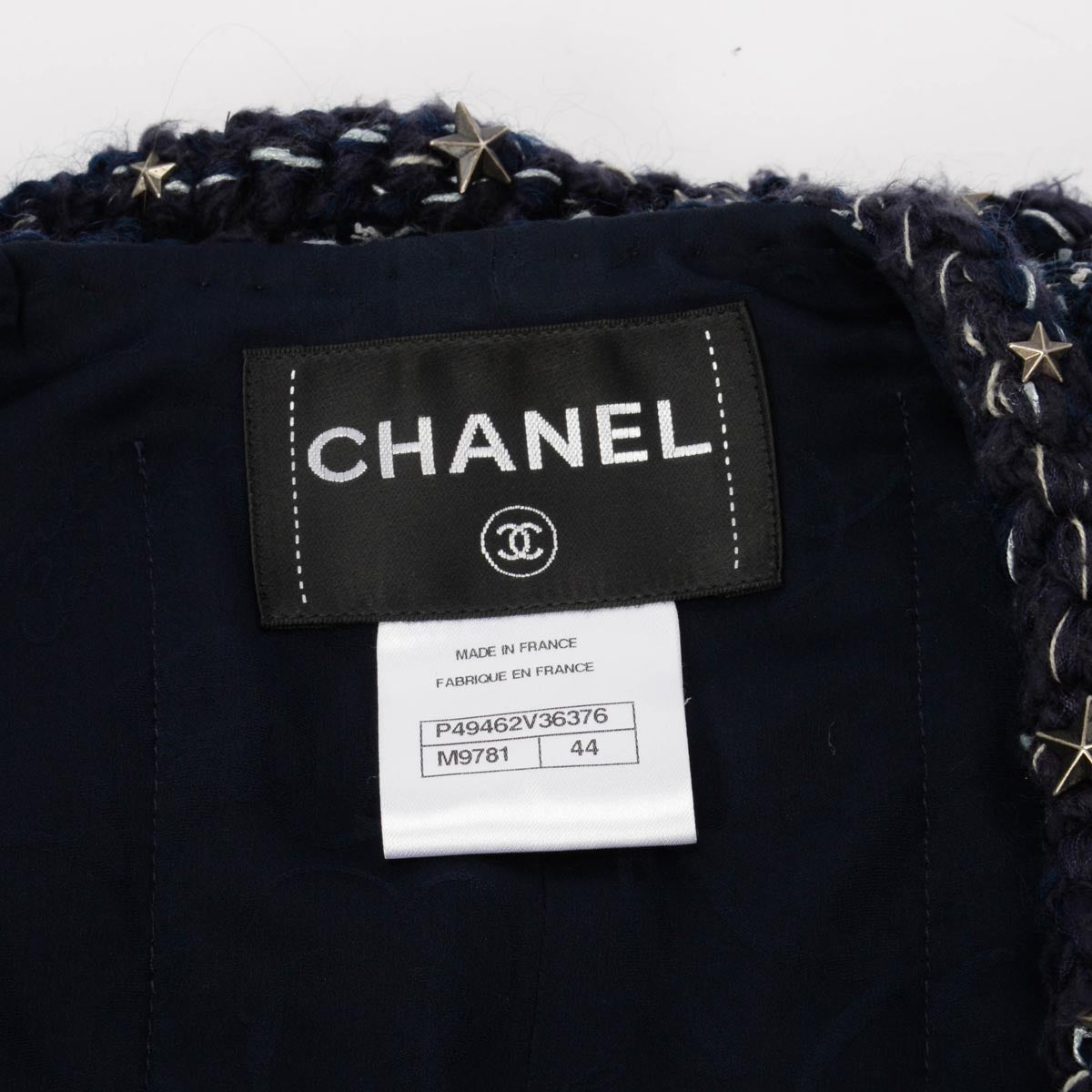 Chanel Navy Fantasy Tweed Paris to Dallas Jacket FR 44