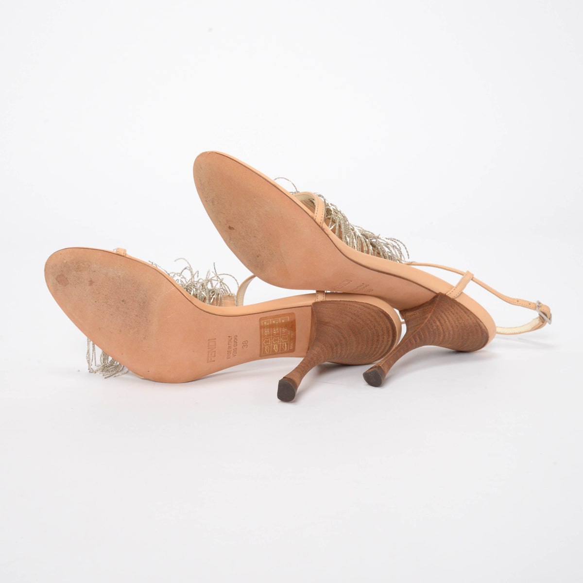 Fendi Blush Leather Embellished Peacock Fringe Sandals 38