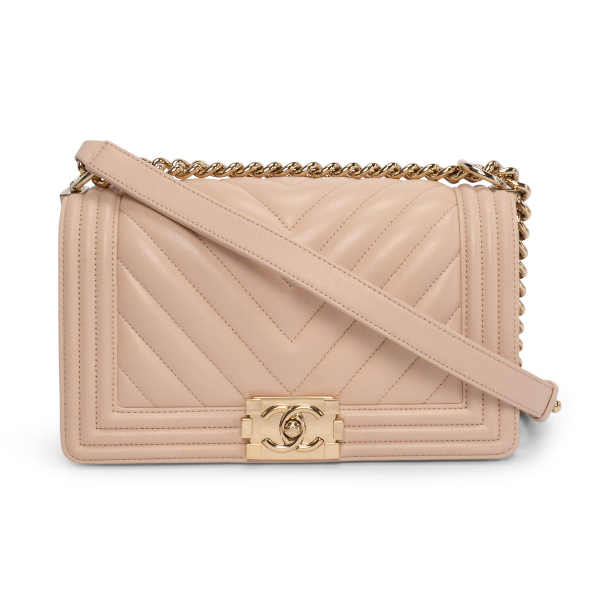 Chanel Beige Chevron Lambskin Old Medium Boy Bag