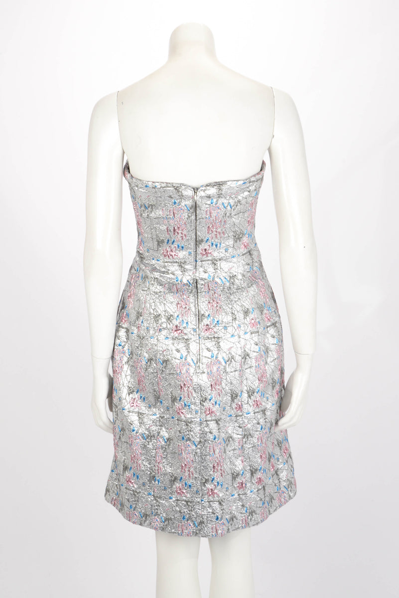 Dior Silver Floral Embroidered Bustier Badge Evening Dress FR 38