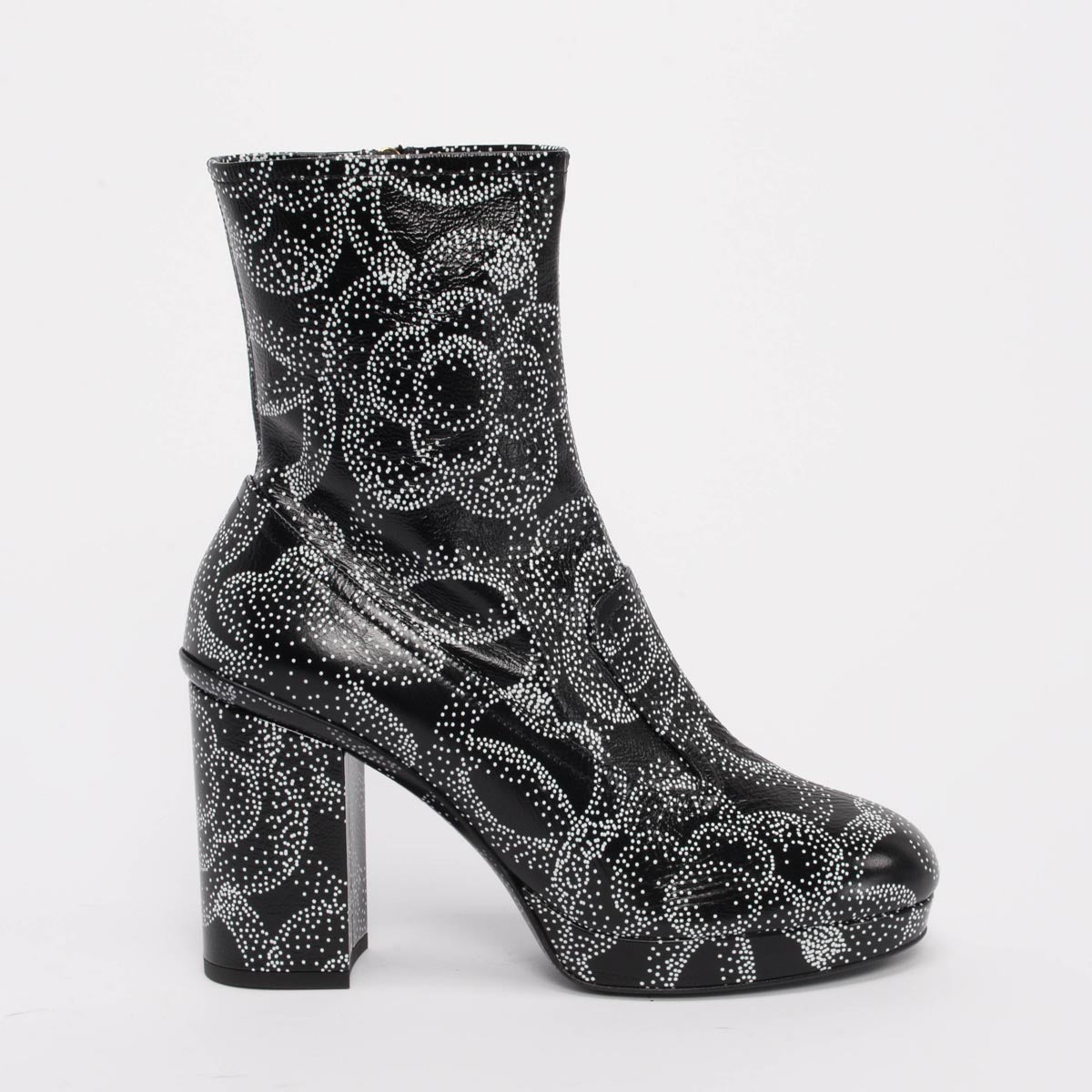 Chanel Black & White Dot Printed Camellia Platform Boots 39