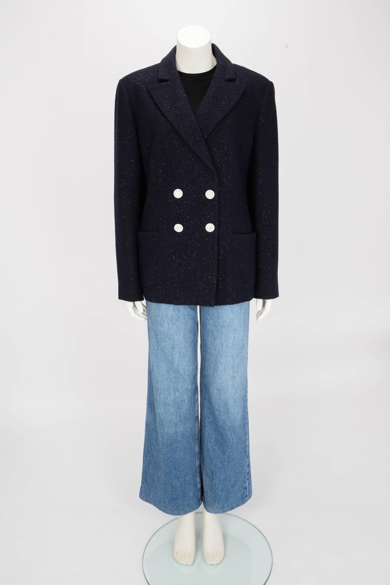 Chanel Dark Navy Lurex Tweed Double Breasted Jacket FR 50