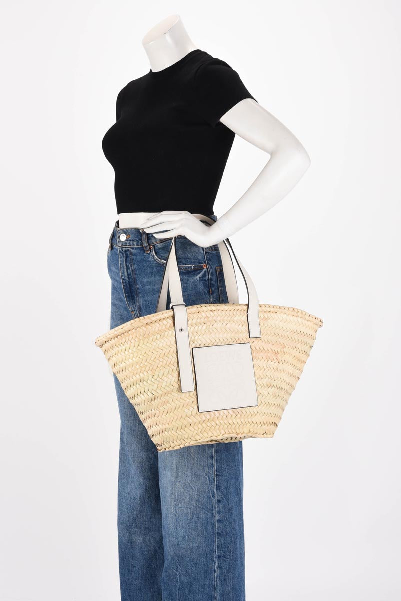 Loewe White Raffia Medium Basket Tote