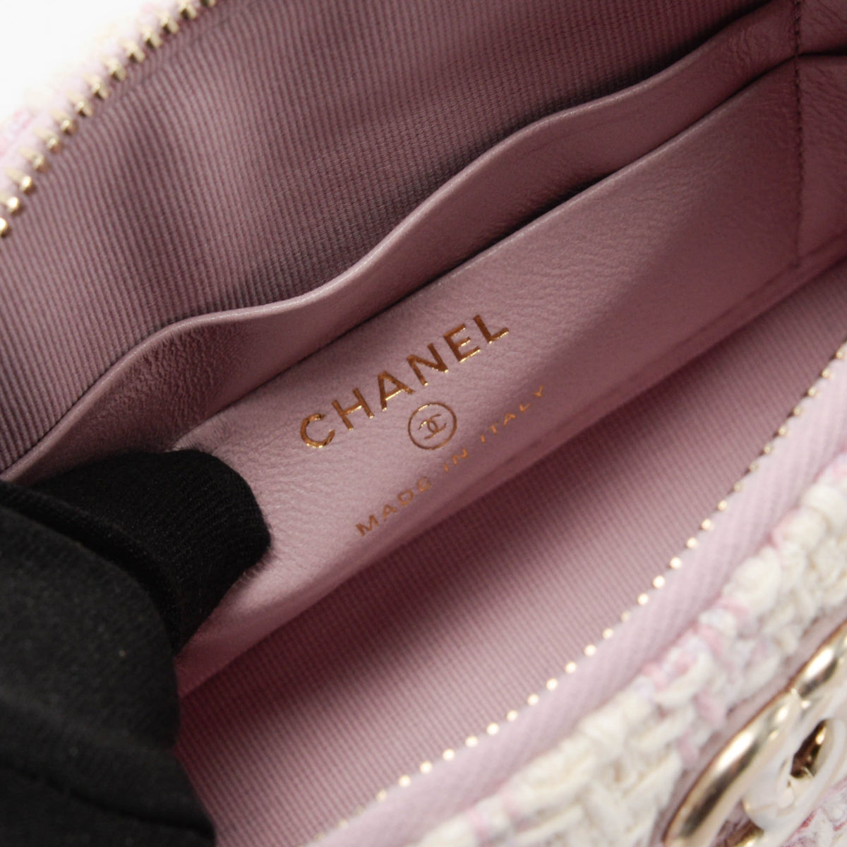 Chanel Pink & White Check Tweed Clutch With Chain