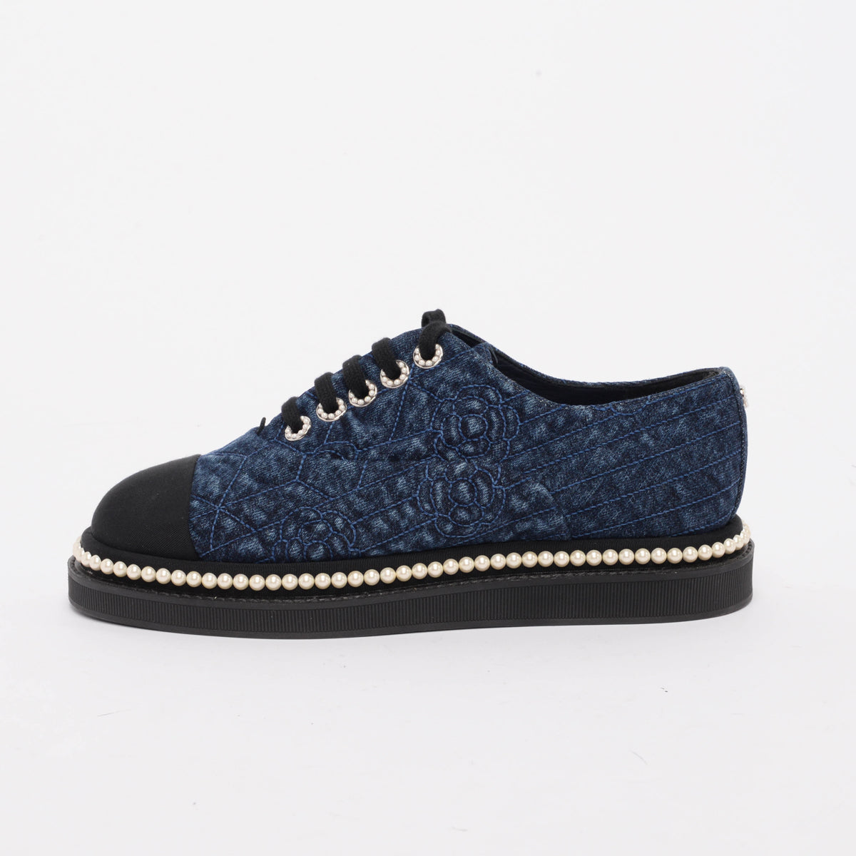 Chanel Denim & Pearl Camellia Stitch Detail Sneakers 38