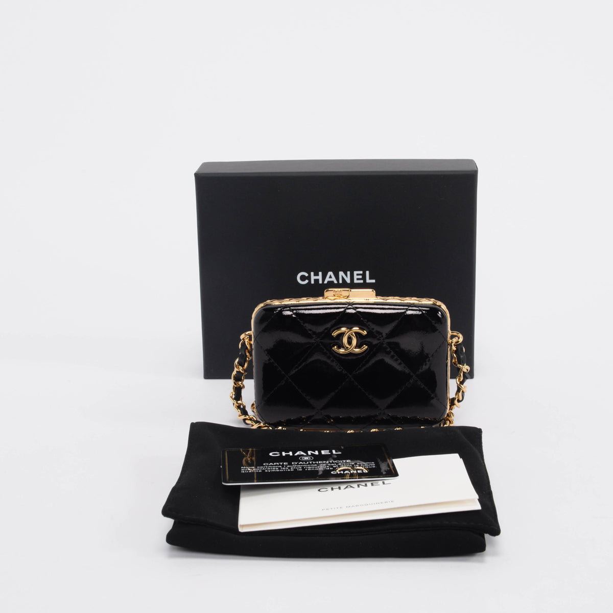 Chanel Black Glazed Goatskin Mini Box with Chain