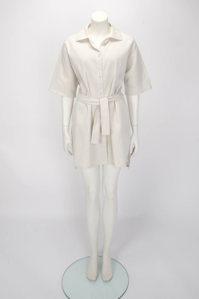 Hermes Blanc Ecume Cotton Crepon Belted Shirt Dress FR34