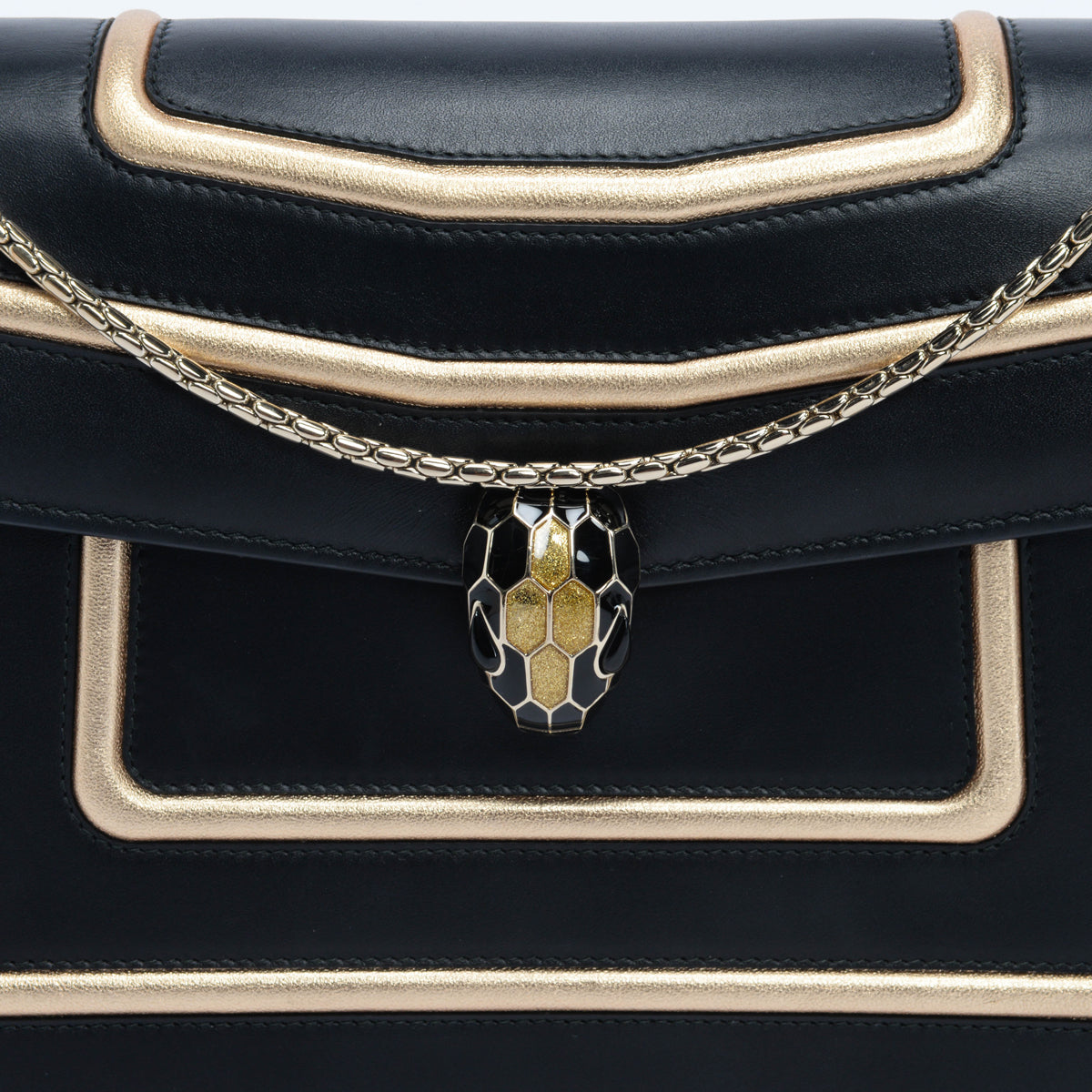 Bulgari Black & Gold Calfskin Serpenti Graphic Frame Bag