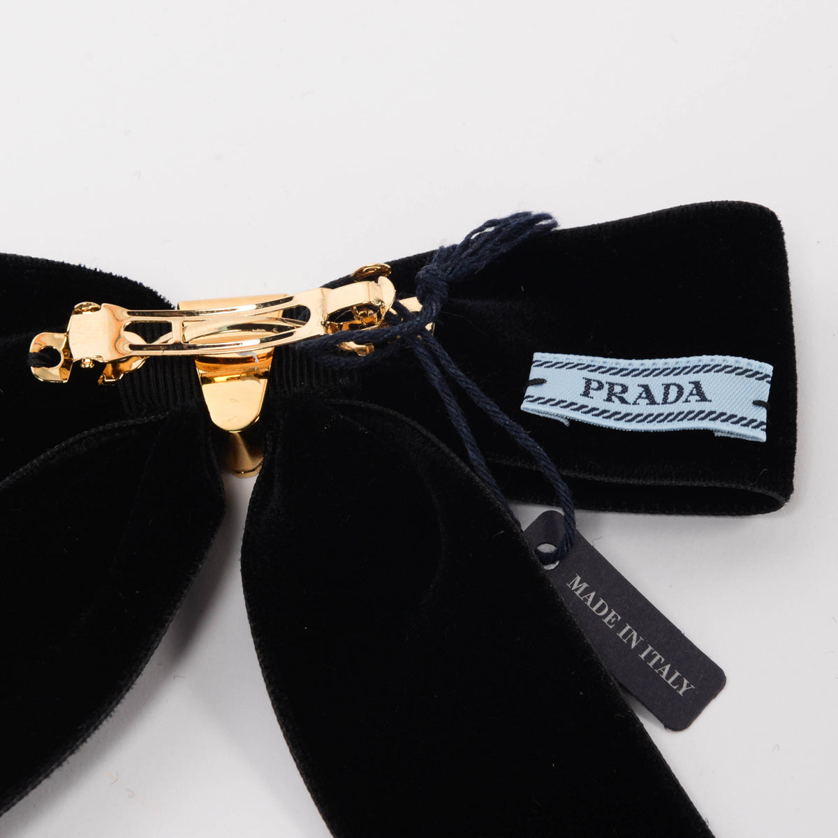 Prada Black Velvet Triangle Logo Bow Hair Clip