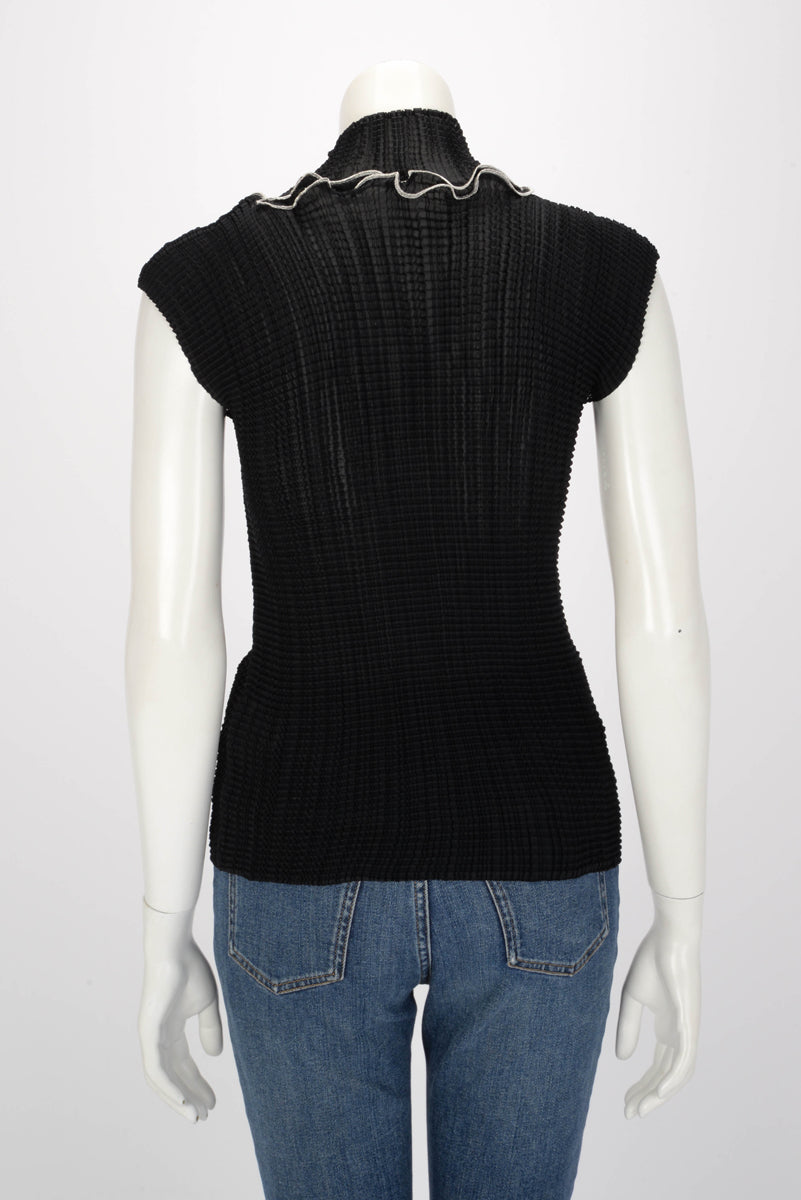 Issey Miyake Fete Black Ribbon Pleated Ruffle Collar Top