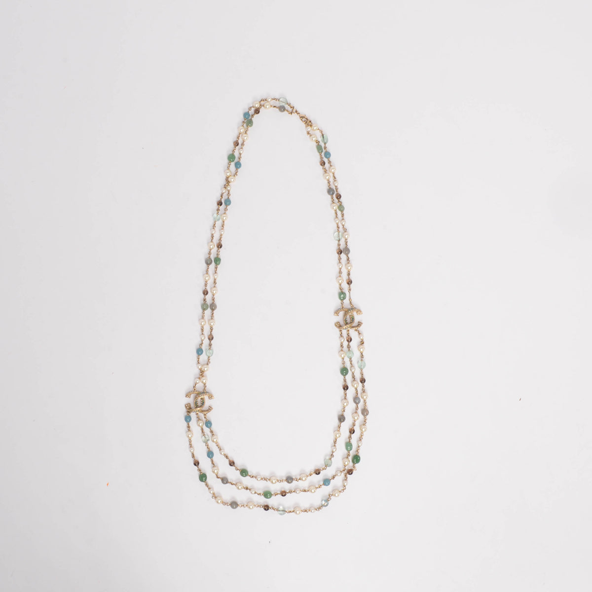 Chanel Light Gold Stone & Pearl CC Layered Necklace