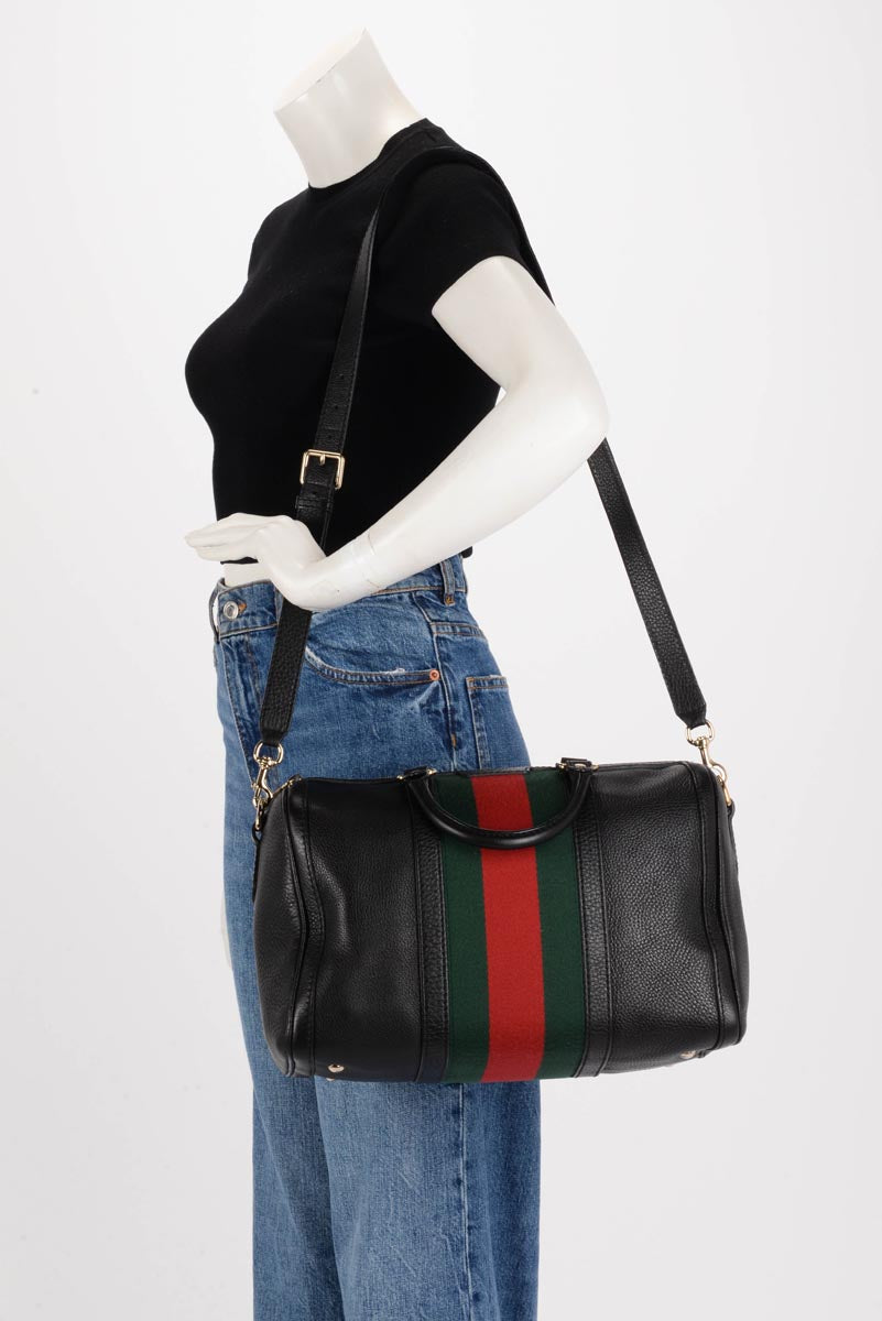 Gucci Black Grained Calfskin Vintage Web Medium Boston Bag