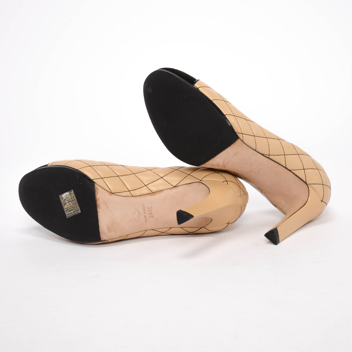 Chanel Beige & Black Quilted CC Cap Toe Pumps 39.5