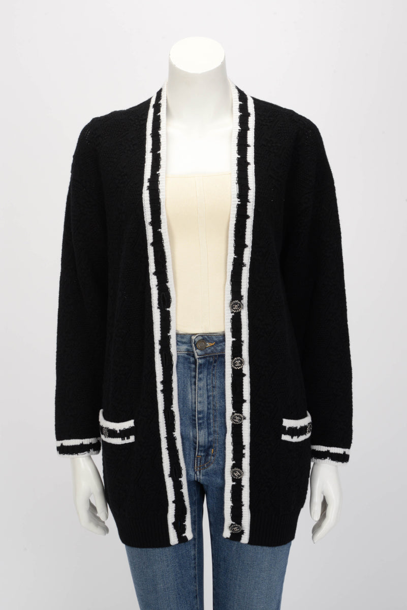 Chanel Black & White Cashmere Knit Striped CC Cardigan FR 38