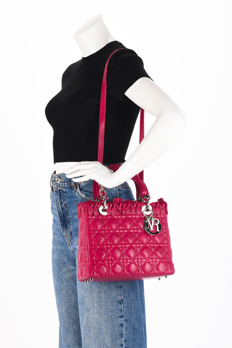 Dior Dark Pink Lambskin Cannage Medium Bow Lady Dior