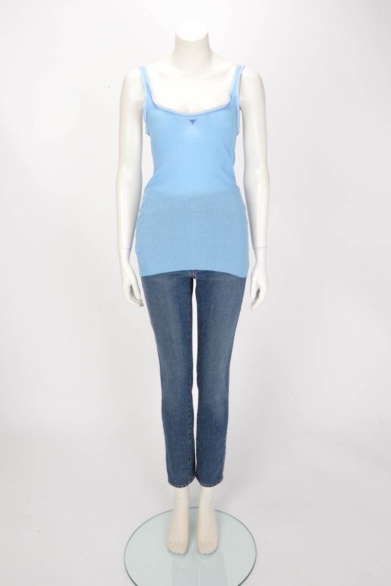 Prada Blue Ribbed Knit Lace Trim Logo Singlet IT 44
