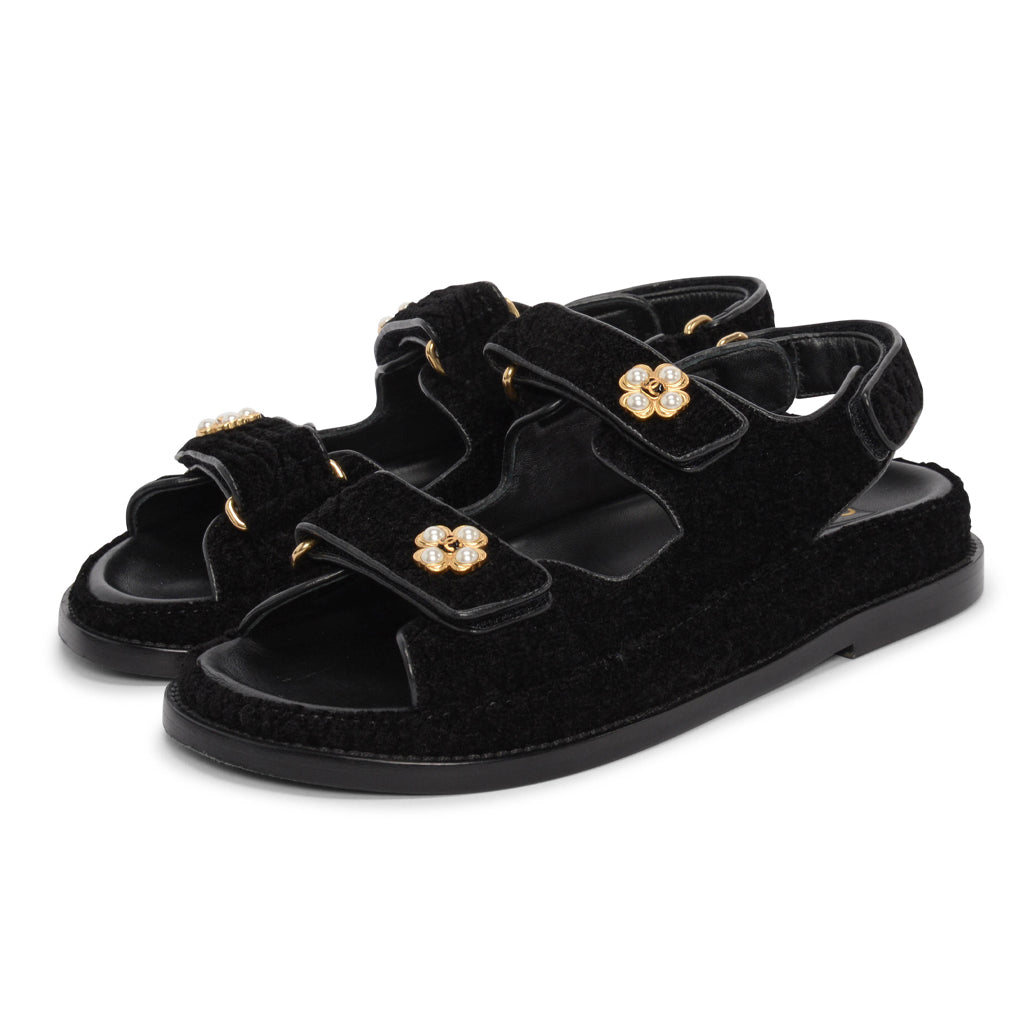 Chanel Black Tweed Gripoix CC Dad Sandals 35.5