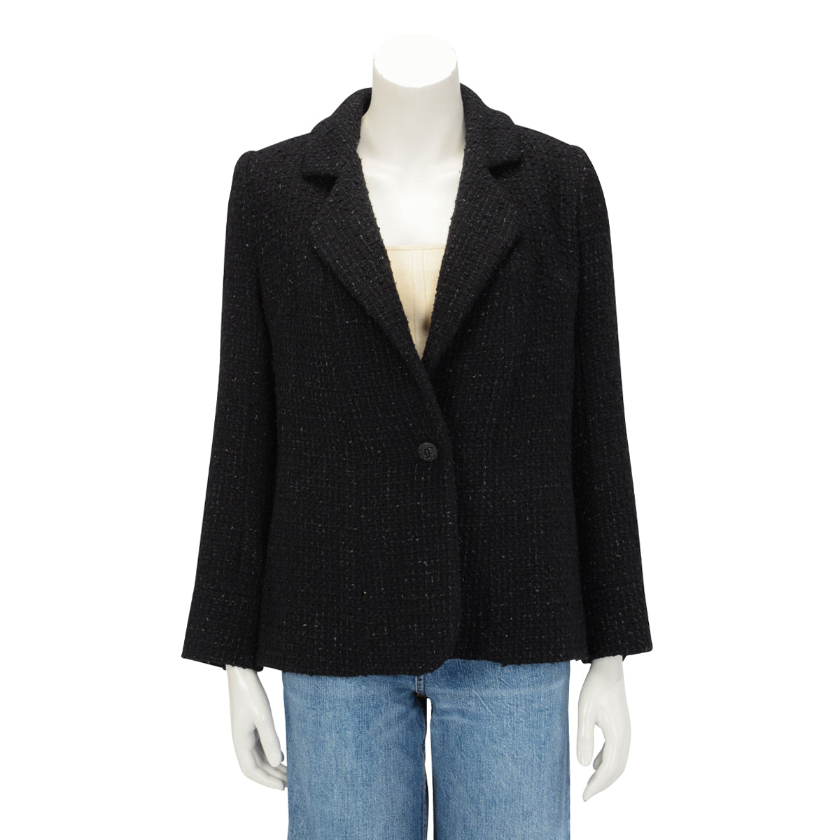 Chanel Black Boucle Tweed Single Breasted Blazer FR 50