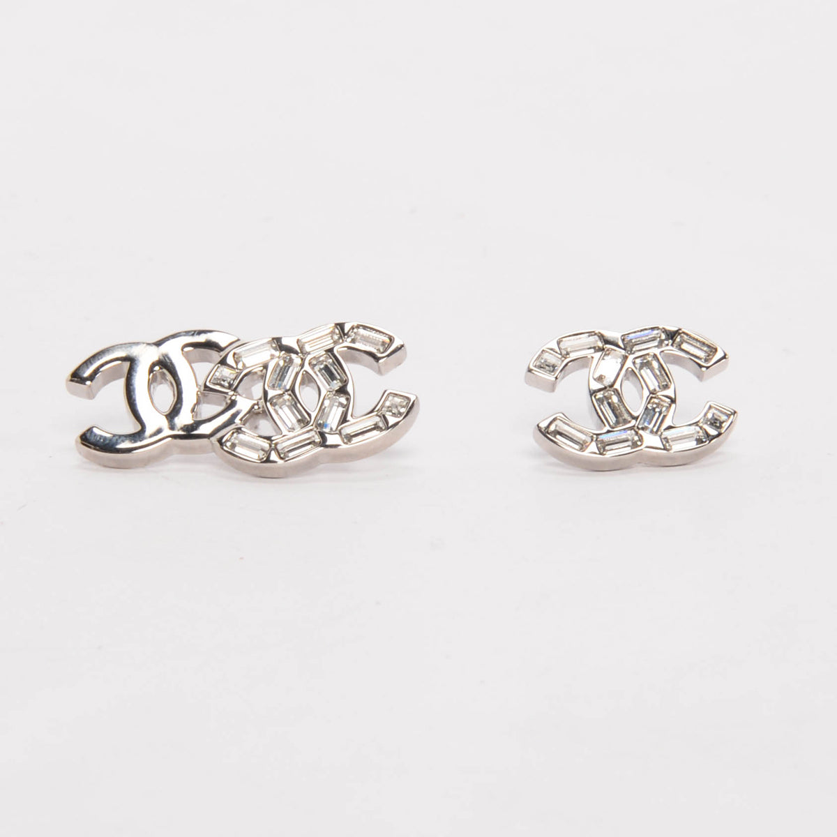 Chanel Silver Crystal Double CC Stud Earrings