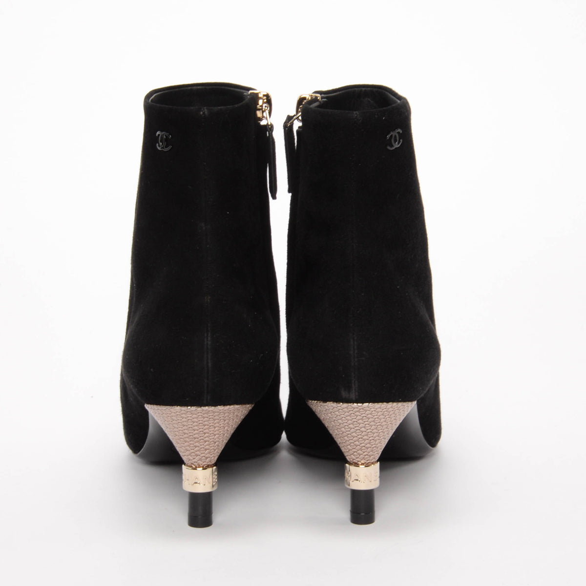 Chanel Black Suede & Satin Cap Toe Short Boots 38.5