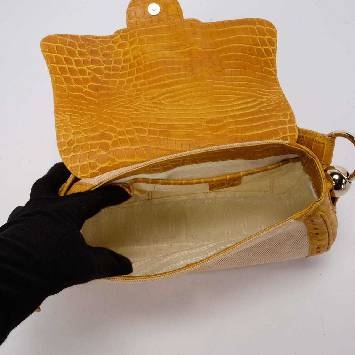 Celine Vintage Yellow Canvas Moc Croc Shoulder Bag