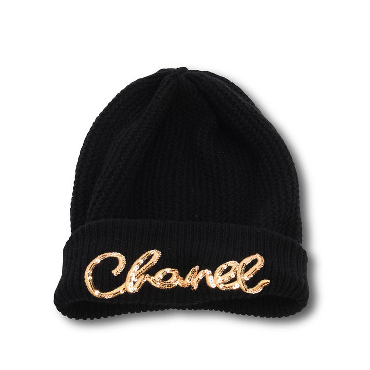 Chanel Black Cashmere Knit Sequin Logo Beanie