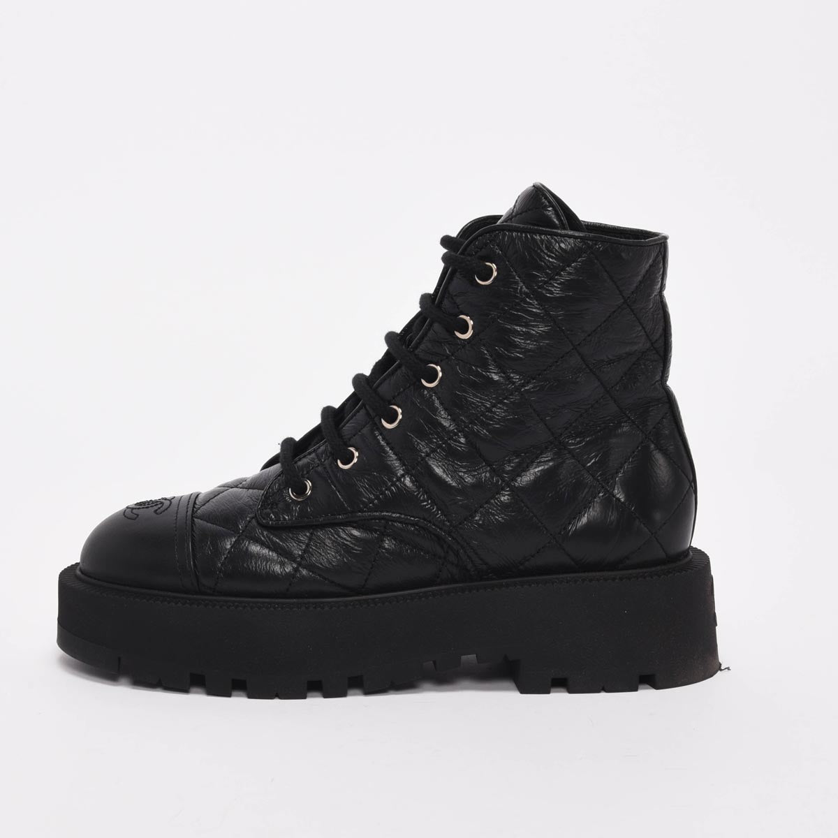 Chanel Black Distressed Calfskin Short Combat Boots 38.5