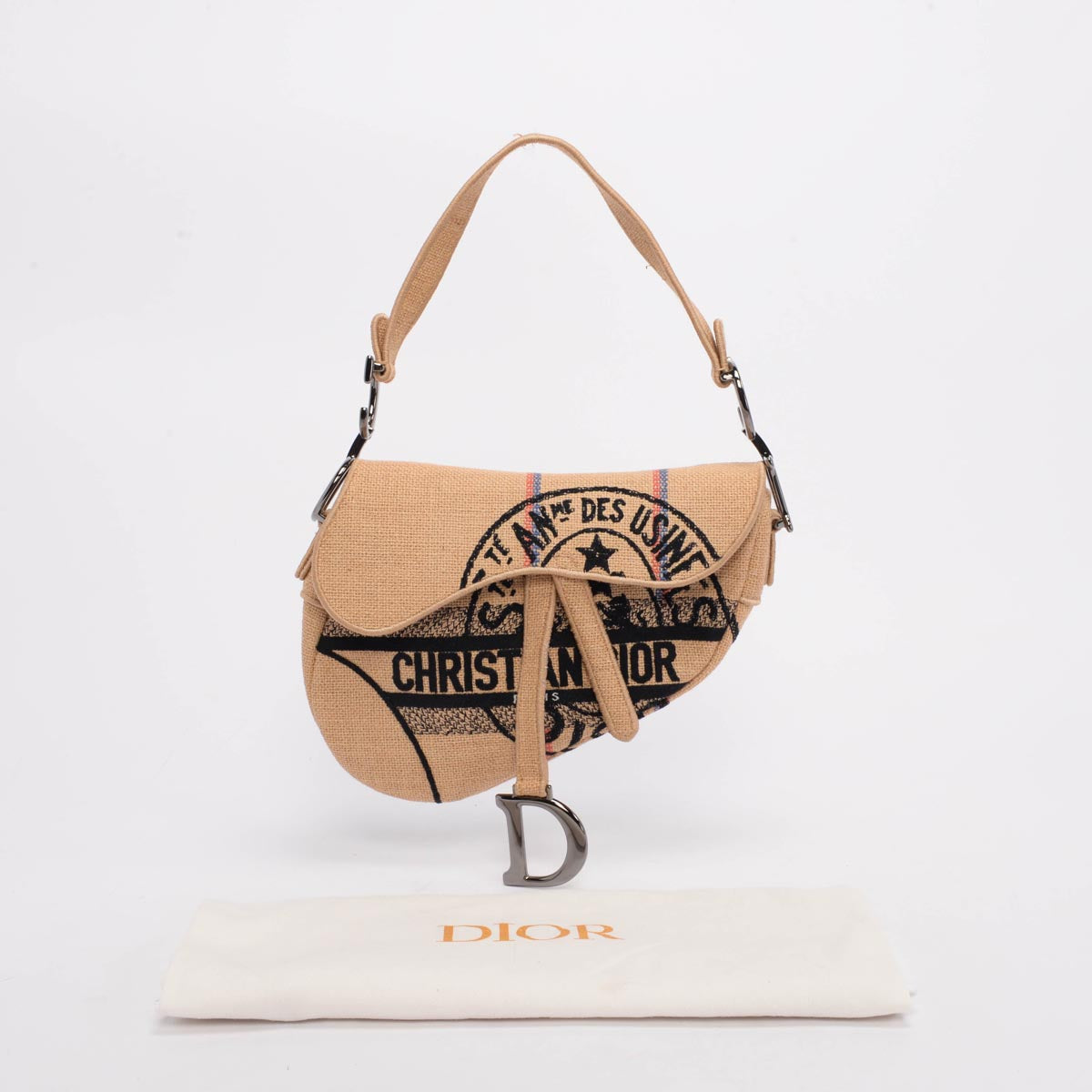 Dior Beige Woven Raffia Embroidered Saddle Bag