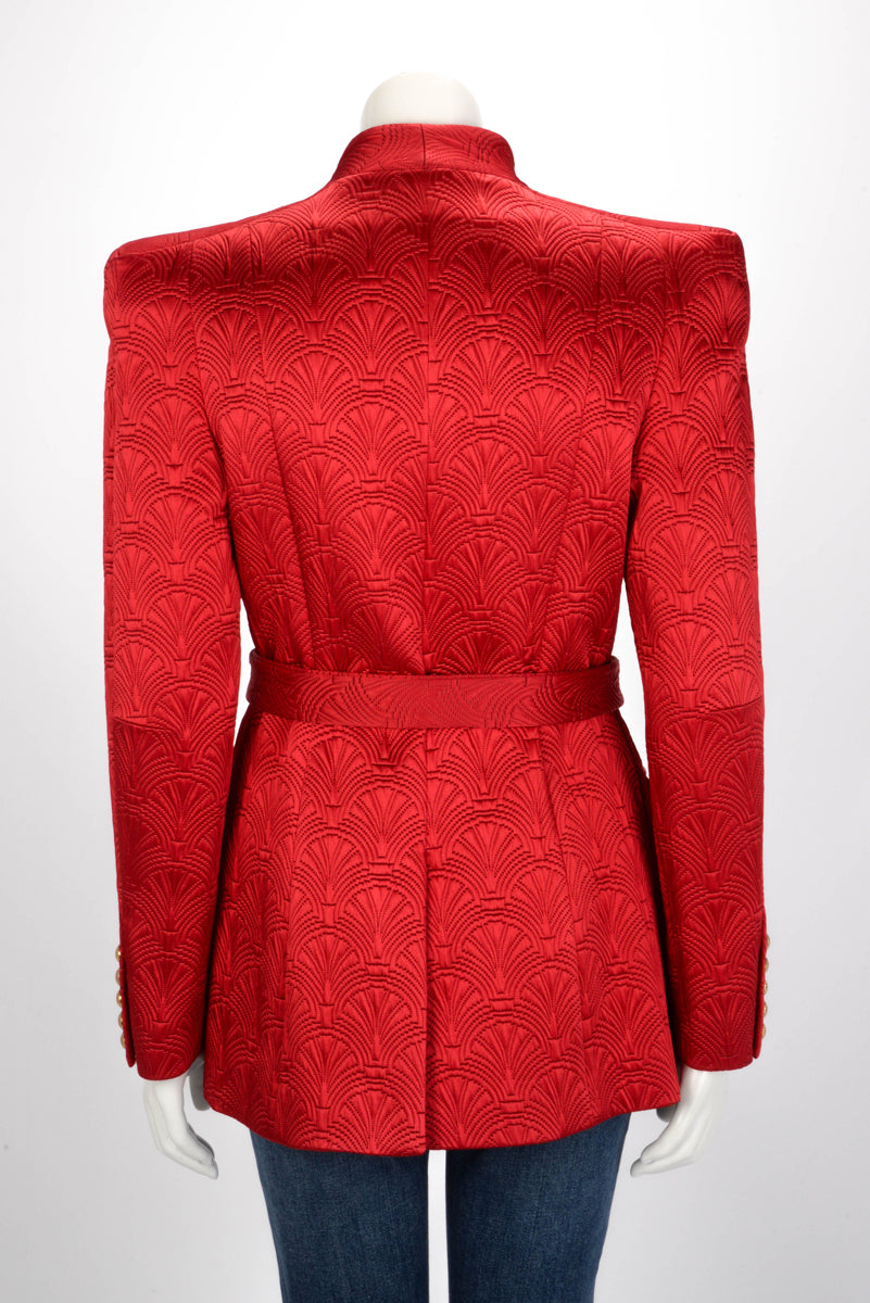 Balmain Red Fan Jacquard Belted Jacket FR 42