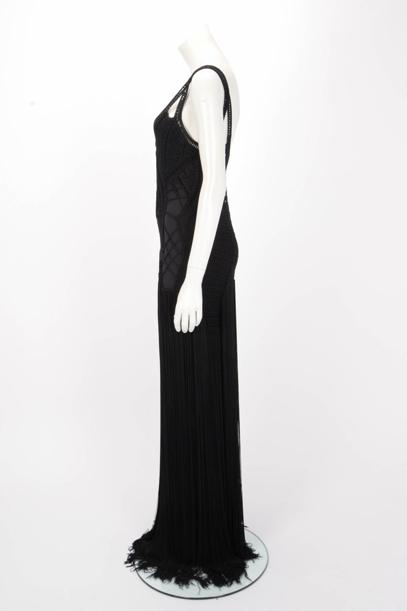 Ralph Lauren Black Crochet Fringed Evening Gown M