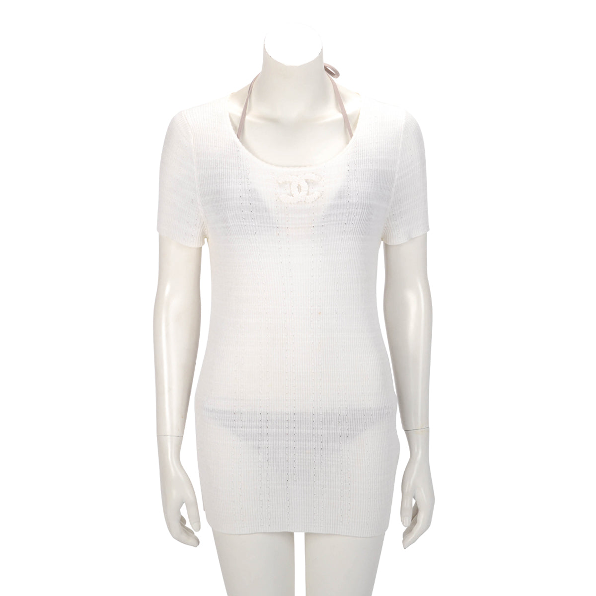 Chanel Ivory Cotton Pointelle CC Top FR 48