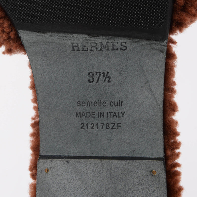 Hermes Brown Shearling Oran Sandals 37.5 - Blue Spinach