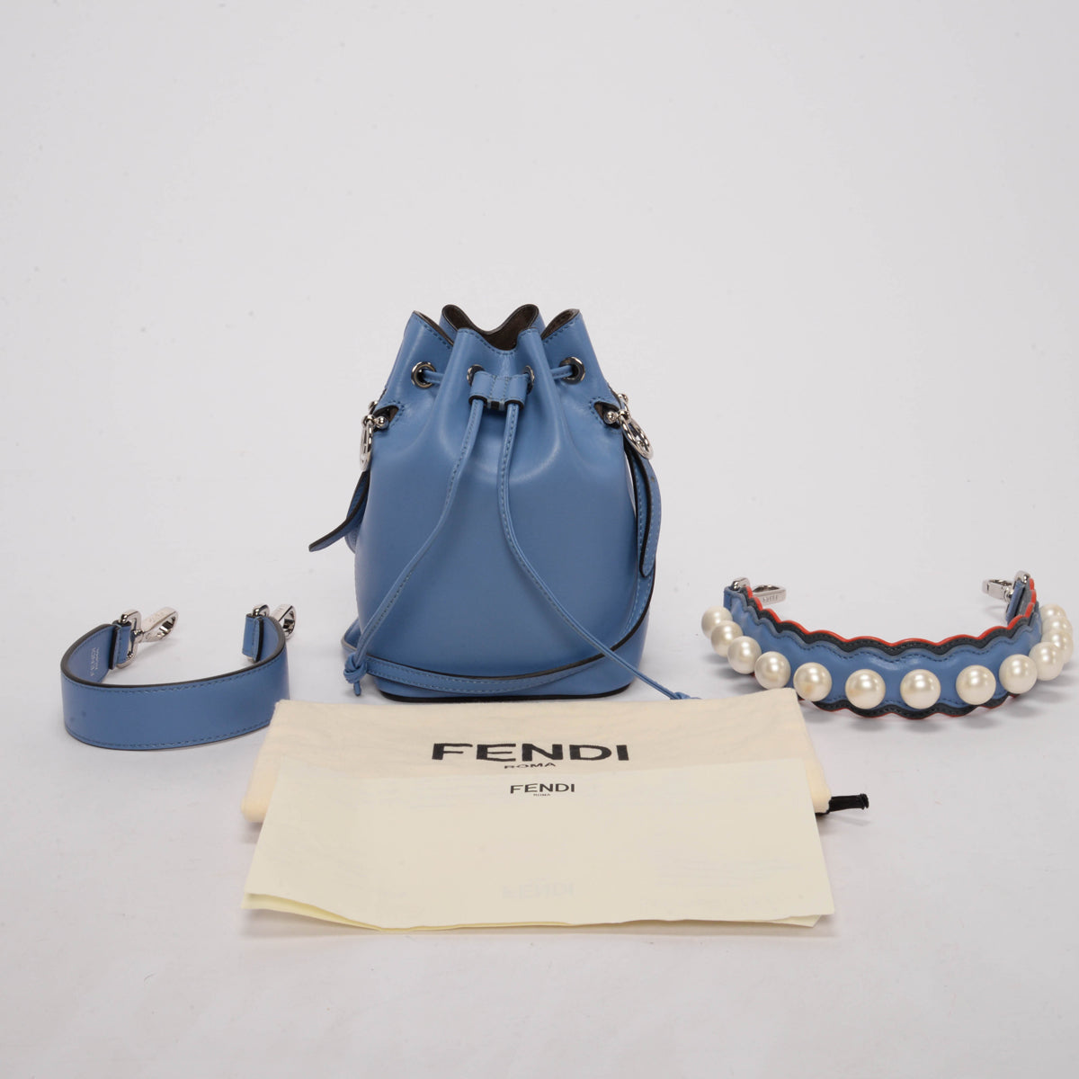 Fendi Blue Calfskin Mon Tresor Bucket Bag & Pearl Strap