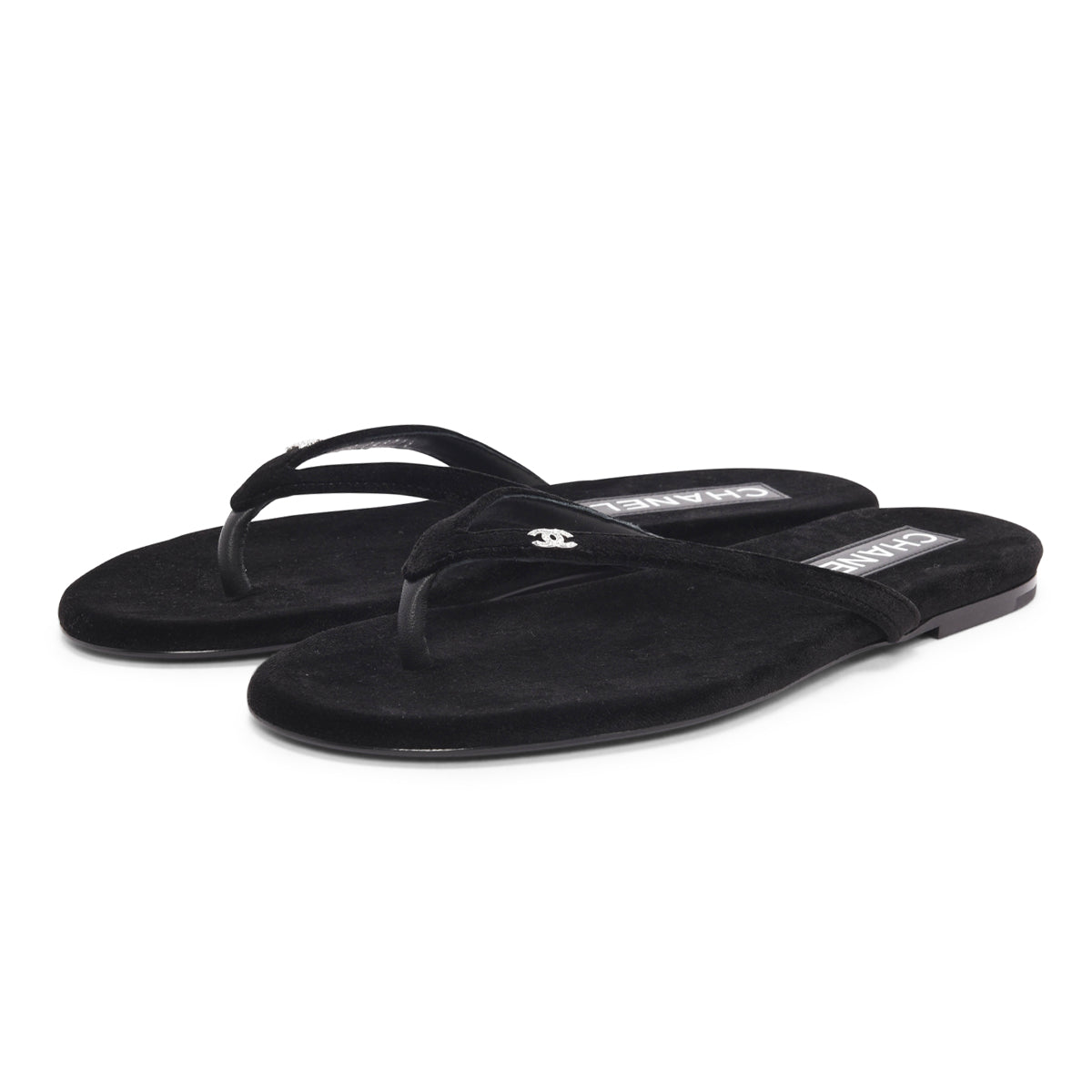 Chanel Black Velvet Crystal CC Thong Sandals 38.5