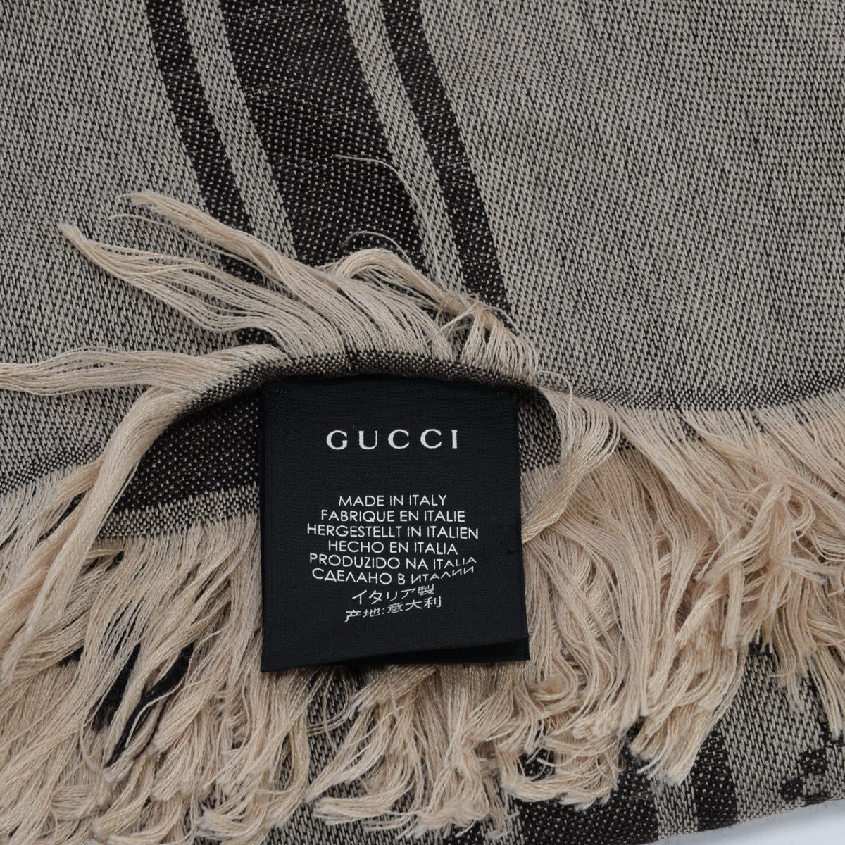 Gucci Beige Wool Silk Printed GG Fringed Scarf