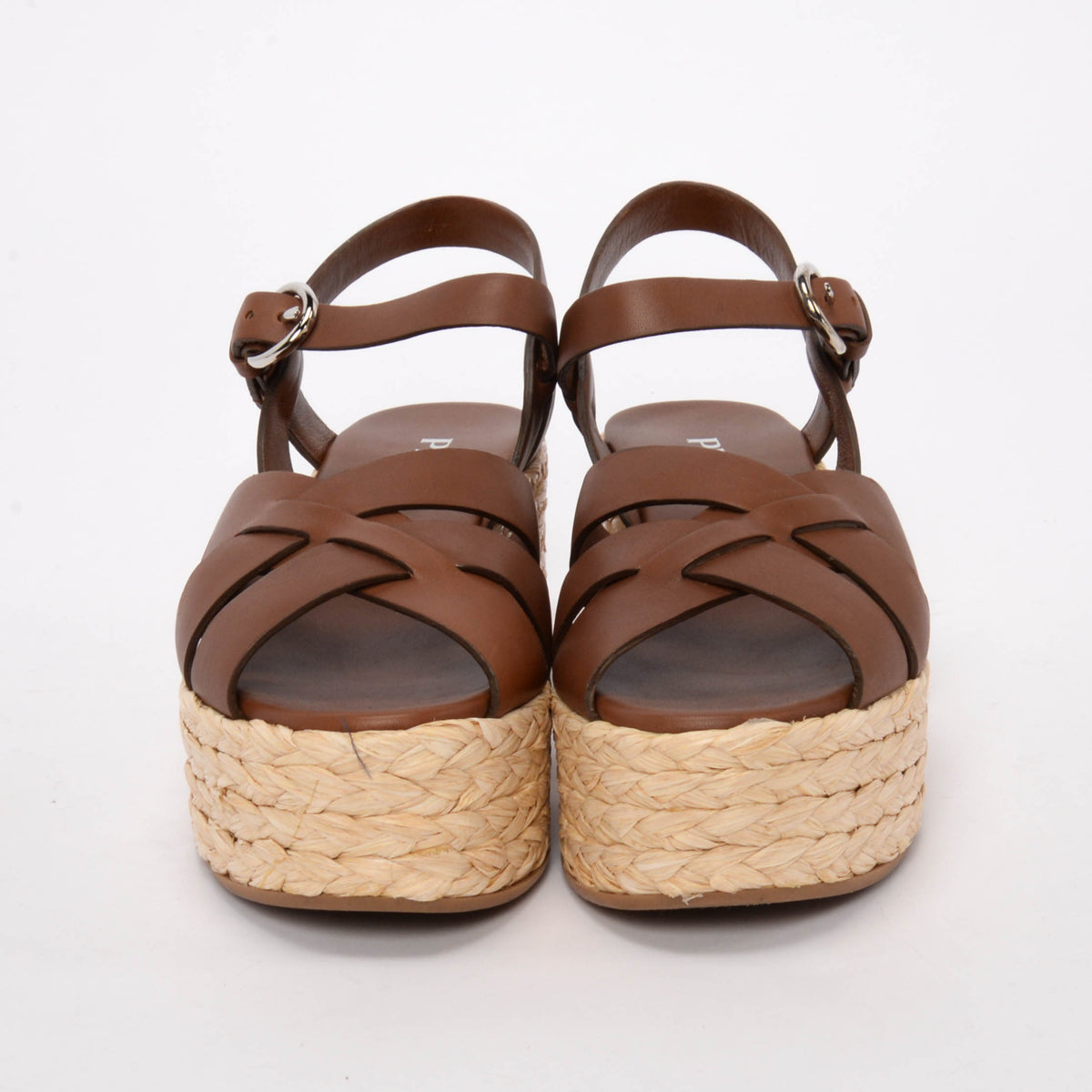 Prada Brown Calfskin & Raffia Espadrille Wedges 38