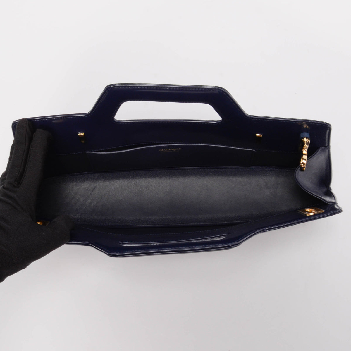 Ferragamo Navy Hi-Shine Wanda East West Bag