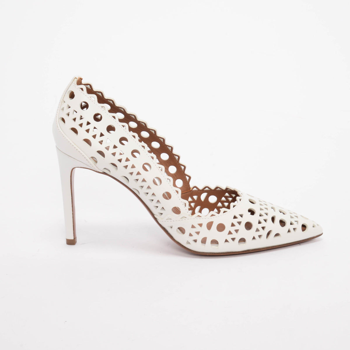 Alaia White Laser Cut Lambskin Openwork Pumps 37