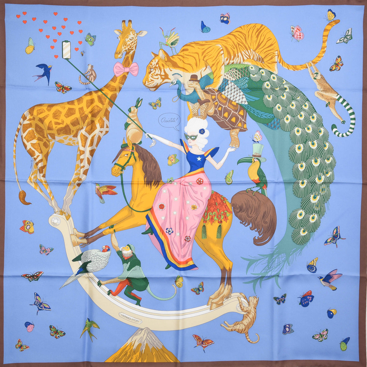 Hermes Blue Silk Ouistiti Story Scarf 90