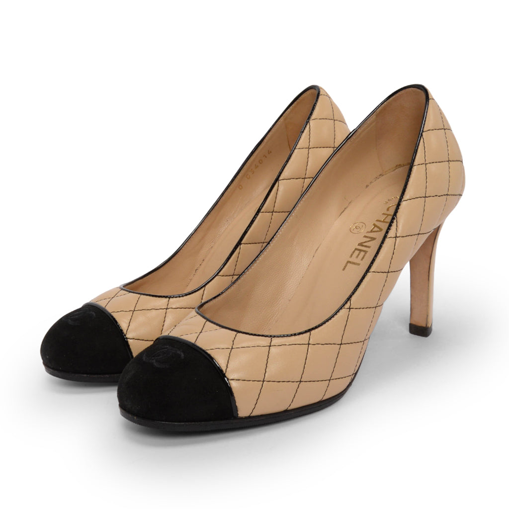 Chanel Beige & Black Quilted CC Cap Toe Pumps 39.5