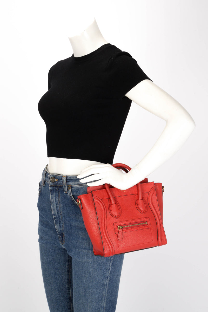 Celine Poppy Red Drummed Calfskin Micro Luggage Tote