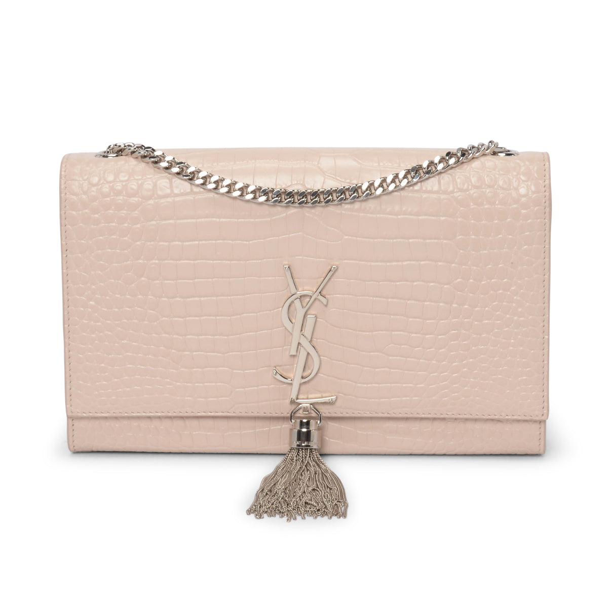 Saint Laurent Light Beige Croc Embossed Medium Kate Tassel Bag