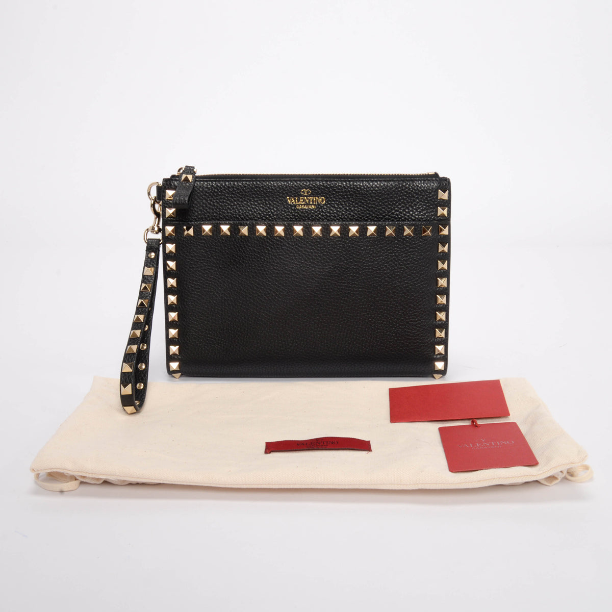 Valentino Black Grained Calfskin Rockstud Wristlet Pouch