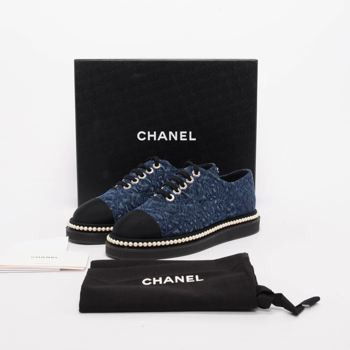 Chanel Denim & Pearl Camellia Stitch Detail Sneakers 38