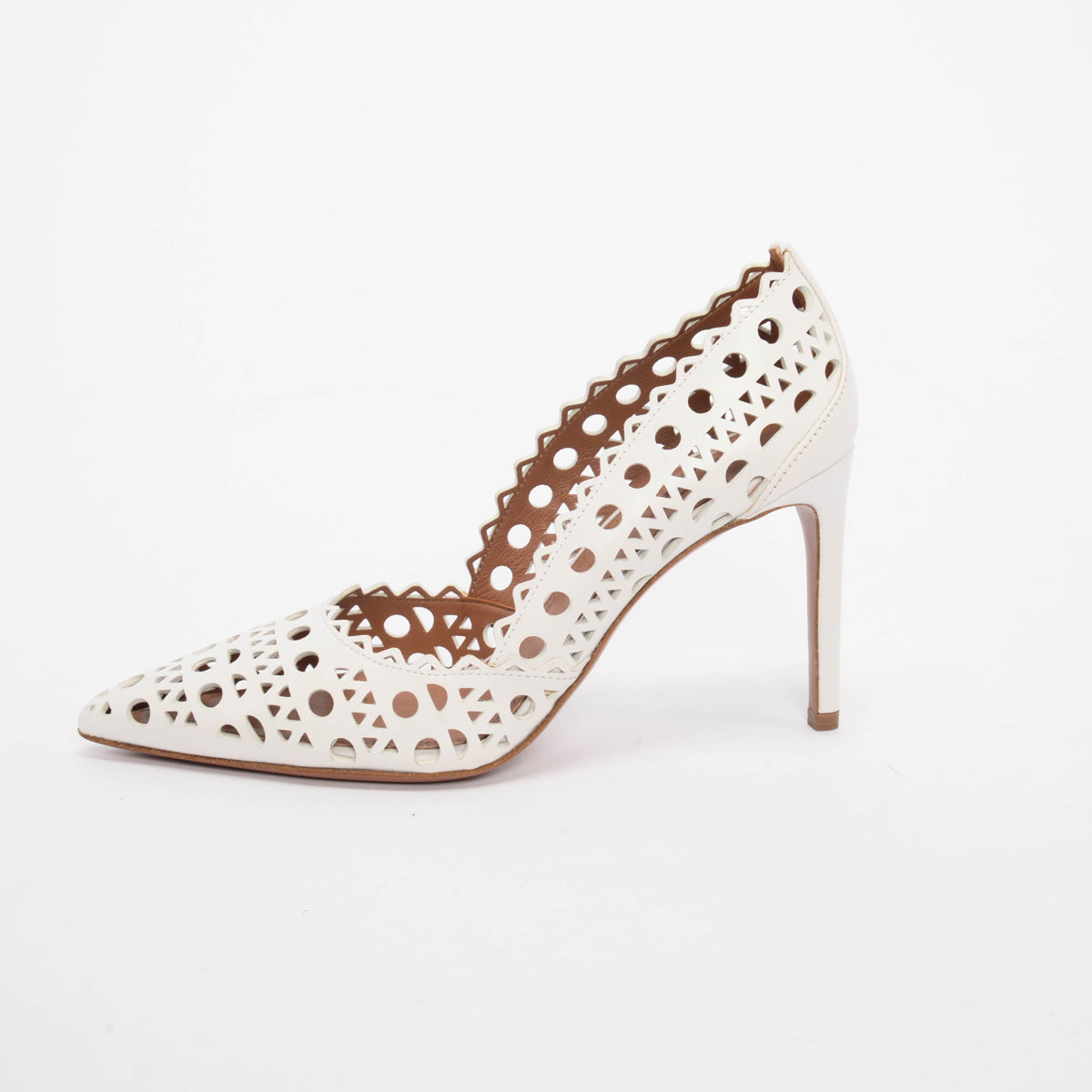 Alaia White Laser Cut Lambskin Openwork Pumps 37