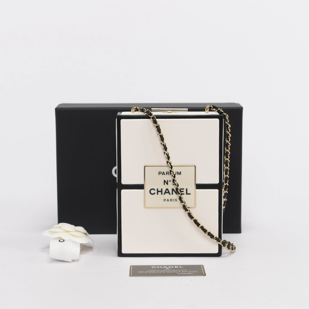 Chanel White Leather No. 5 Parfum Box Minaudiere