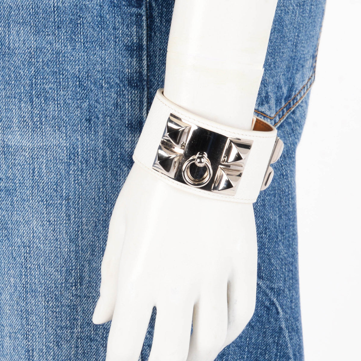 Hermes White Epsom Collier de Chien Bracelet