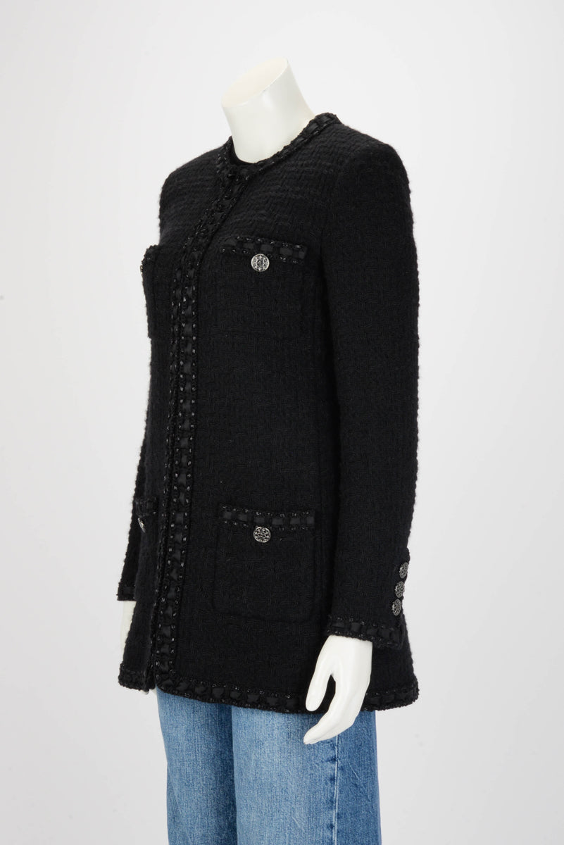 Chanel Black Fantasy Tweed Paris to Rome Longline Jacket FR 38