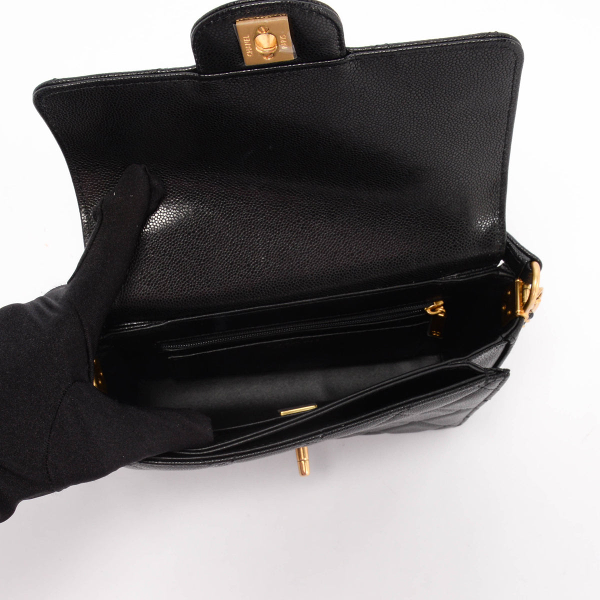 Chanel Black Quilted Caviar Flap Bag with Top Handle